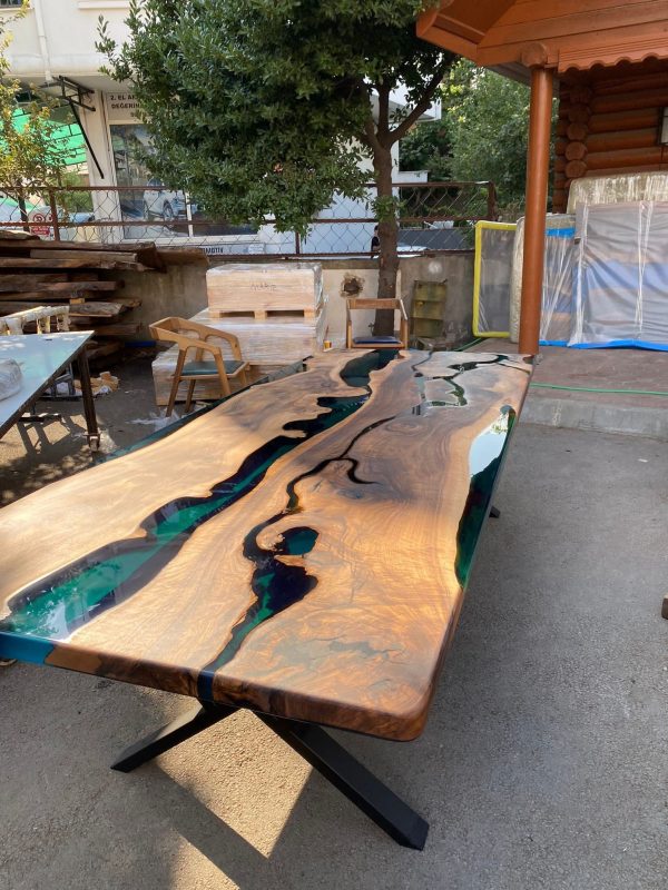 Live Edge Table, Custom 115” x 48” Walnut Wood Transparent Translucent Turquoise Green Table, Epoxy River Table, Custom Order for Constance Online