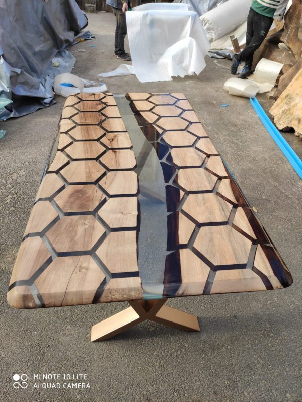 60” x 30” Walnut Clear Epoxy Table, Hexagon Honeycomb Table, Clear Resin Walnut Table, Handmade Epoxy Table, Unique Resin Table for E Sale