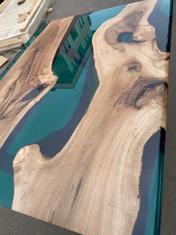 Epoxy Table, Live Edge Table, Custom 47” x 36” Walnut Transparent Translucent Turquoise Table, Epoxy River Table, Custom Order for Yuxi Discount