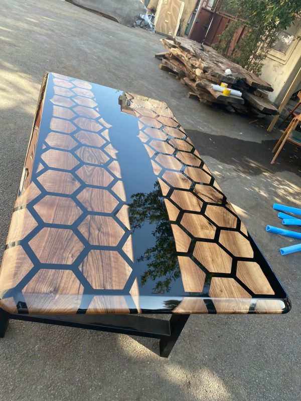 Hexagon Epoxy Table, Epoxy Dining Table, Walnut Epoxy River Table, Custom 72” x 36” Walnut Black Epoxy Hexagon Table for Carlyn For Cheap