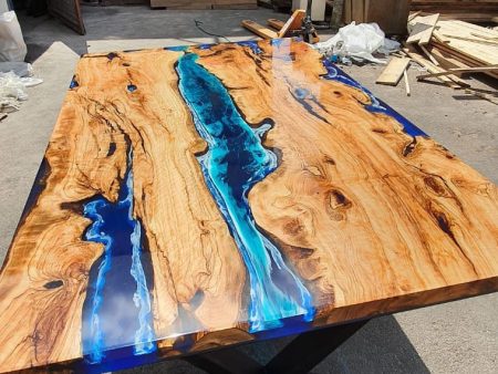 Olive Wood Epoxy Table, Custom 64” x 40” Olive Wood Deep Blue and Turquoise Table, Epoxy Resin Table, Live Edge Table, Custom for Svetlana Sale