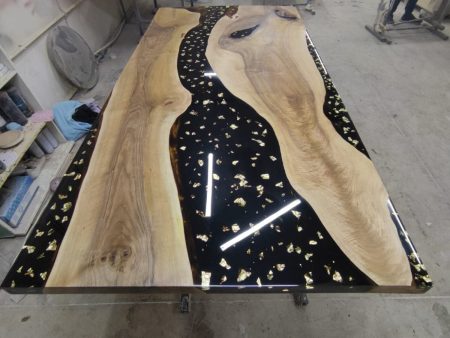 Black Epoxy Resin River Table, Custom 80” x 42” Walnut Black Table, Custom Gold Leaf River Table for E For Cheap