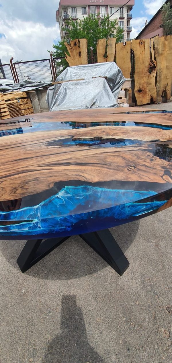 Walnut Dining Table, Custom 48” Diameter Round Walnut Wood Blue, Turquoise, White Waves Table, Epoxy Dining Table, Order for Lindsey Chaa For Cheap