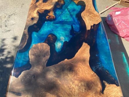 Epoxy Table, Epoxy Dining Table, Walnut Epoxy Table, Custom 72” x 36” Walnut Blue Turquoise Epoxy River Dining Table Order for Poom For Sale