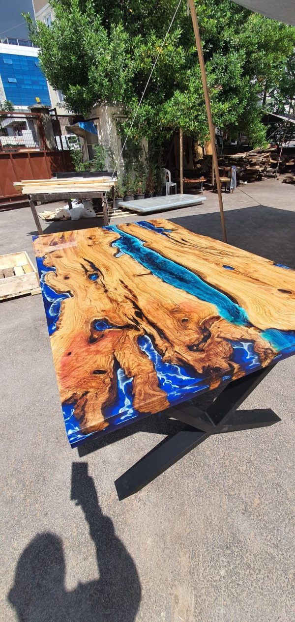 Olive Wood Epoxy Table, Custom 64” x 40” Olive Wood Deep Blue and Turquoise Table, Epoxy Resin Table, Live Edge Table, Custom for Svetlana Sale