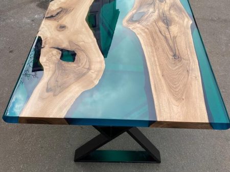 Epoxy Table, Live Edge Table, Custom 47” x 36” Walnut Transparent Translucent Turquoise Table, Epoxy River Table, Custom Order for Yuxi Discount