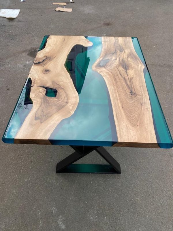 Epoxy Table, Live Edge Table, Custom 47” x 36” Walnut Transparent Translucent Turquoise Table, Epoxy River Table, Custom Order for Yuxi Discount