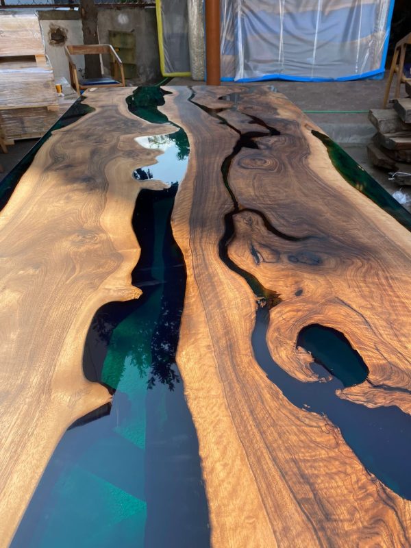 Live Edge Table, Custom 115” x 48” Walnut Wood Transparent Translucent Turquoise Green Table, Epoxy River Table, Custom Order for Constance Online