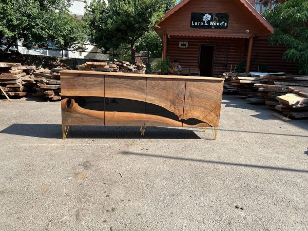 Black Epoxy Resin Credenza, Custom 82”L x 20”D x 36”H Walnut Credenza, Wood Credenza, Walnut Epoxy Credenza Order for Hope Hot on Sale