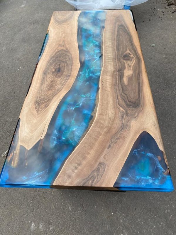 Handmade Epoxy Table, Custom 60” x 28” Walnut Blue, Turquoise, Green Epoxy Table, Epoxy River Table, Live Edge Table, Custom Order for Jesse Online now