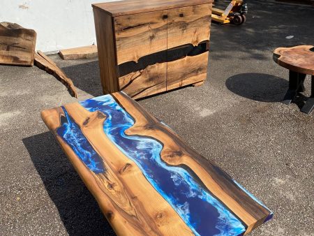 Handmade Epoxy Set, Epoxy Furniture Set, Custom 140cm x 60cm Walnut Ocean Blue, Turquoise White River Dining Table, Order for Chedburn Cheap