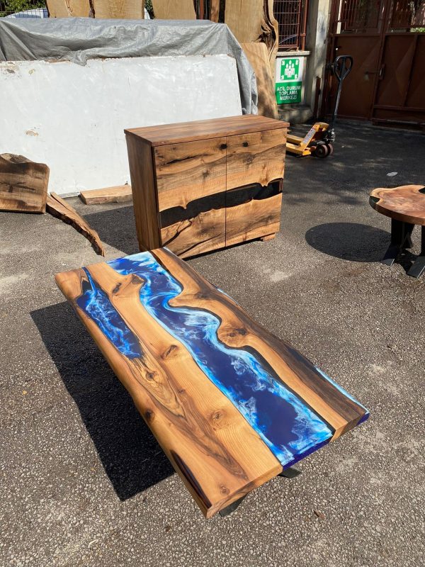 Handmade Epoxy Set, Epoxy Furniture Set, Custom 140cm x 60cm Walnut Ocean Blue, Turquoise White River Dining Table, Order for Chedburn Cheap