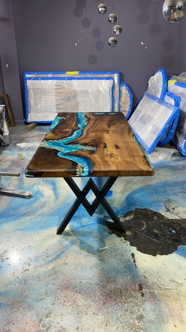 Live Edge Table, Handmade Epoxy Table, Custom 84” x 36” Walnut Blue and Turquise Green Epoxy with Rocks, River Dining Table Order for Vini For Cheap