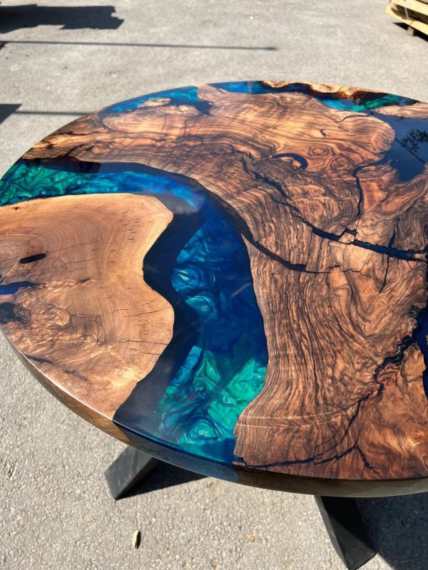 Round Dining Table, Custom 40” Round Walnut Blue Table, Turquoise, Green Epoxy Table, Epoxy Dining Table, Custom Order for Diana Cheap