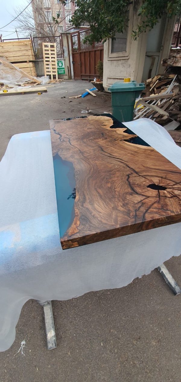 Walnut Dining Table, Epoxy Coffee Table, Custom 40” x 18” Walnut Transparent Translucent Turquoise Epoxy Coffee Table, Order for April Sale