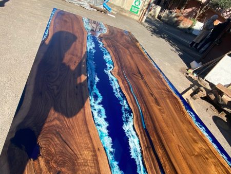 Walnut Dining Table, Live Edge Table, Custom 115” x 50” Walnut Ocean Blue, Turquoise White Waves Epoxy, River Dining Table Order for Kishan Online Hot Sale