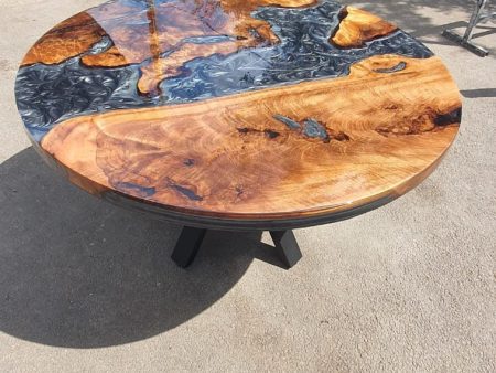 Epoxy Coffee Table, Custom Coffee Table, Custom 50” Diameter Round Table, Walnut Wood Shiny Metallic Gray Epoxy Table, Order for Karen M For Cheap