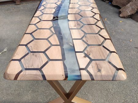 60” x 30” Walnut Clear Epoxy Table, Hexagon Honeycomb Table, Clear Resin Walnut Table, Handmade Epoxy Table, Unique Resin Table for E Sale