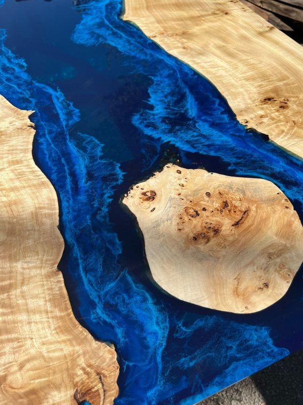 Epoxy Dining Table, Live Edge Table, Custom 79” x 44” Poplar Wood Blue, Turquoise and White Waves Epoxy River Dining Table, Order for Laurel For Sale