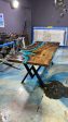 Live Edge Table, Handmade Epoxy Table, Custom 84” x 36” Walnut Blue and Turquise Green Epoxy with Rocks, River Dining Table Order for Vini For Cheap