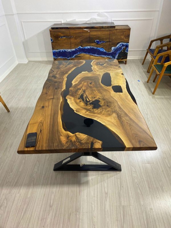 Epoxy Table, Epoxy Dining Table, Walnut Epoxy River Table, Custom 78” x 42” Walnut Black Epoxy River Table Order for Wendy Online