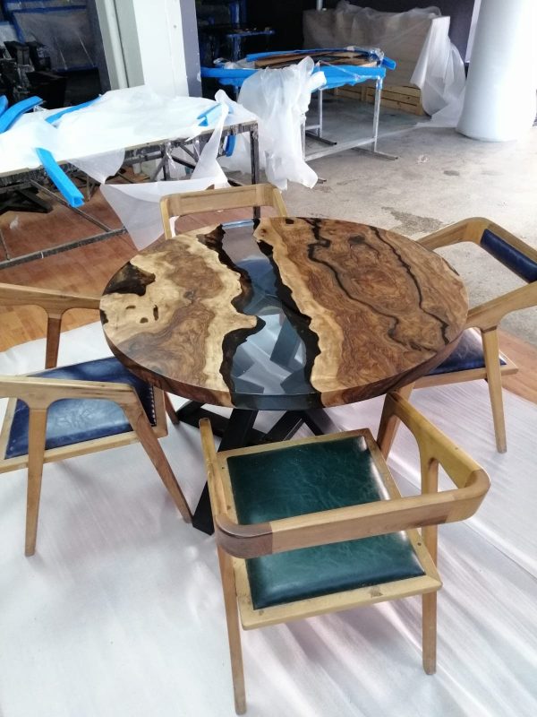 Round Dining Table, River Table, Custom 48” Round Walnut Transparent Light Sky Blue Table, Epoxy River Table, Order for Kristie 3 Cheap