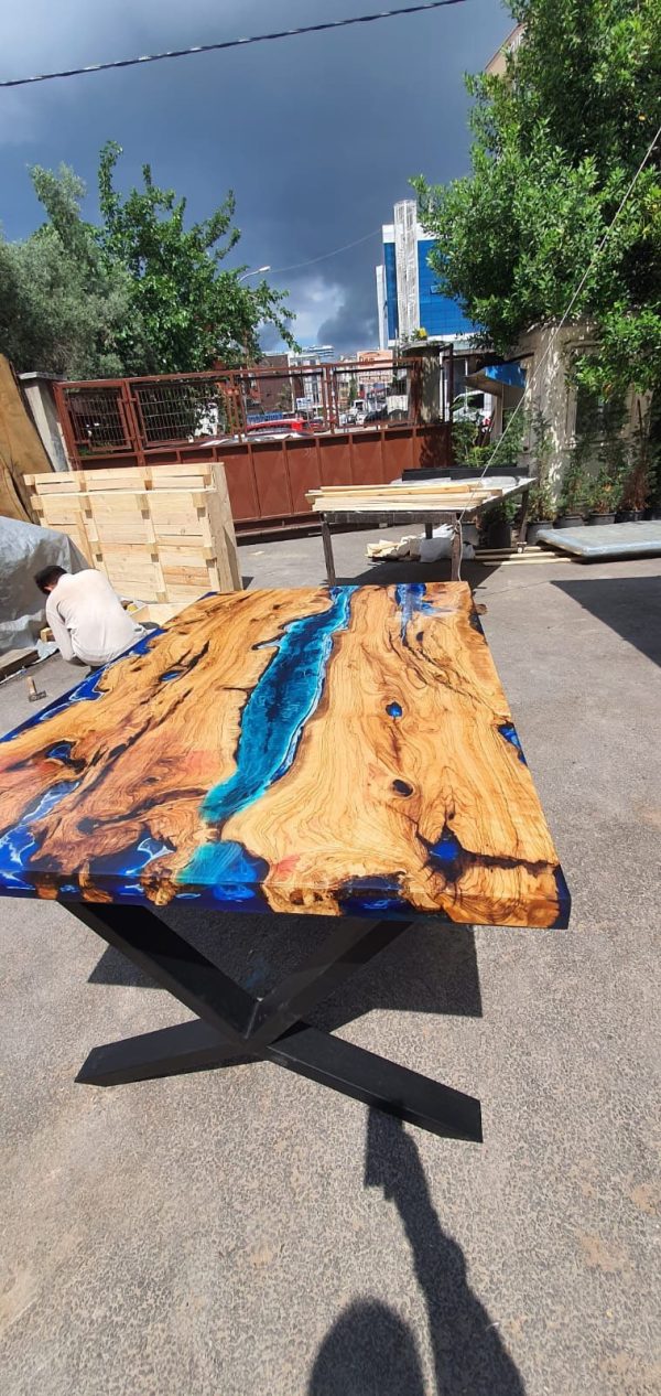 Olive Wood Epoxy Table, Custom 64” x 40” Olive Wood Deep Blue and Turquoise Table, Epoxy Resin Table, Live Edge Table, Custom for Svetlana Sale