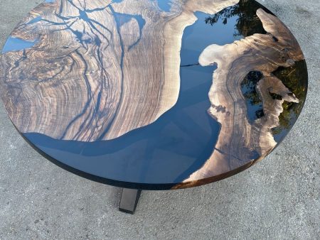 Custom 48” Diameter Round Walnut Wood Transparent Black Epoxy Table Order for Vince Sale