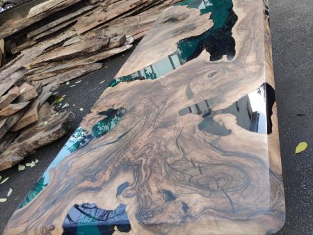 Walnut Dining Table, Wooden Table, Custom 96” x 36” Walnut Deep Ocean Turquise Green Table, Epoxy River Dining Table, Order for Carmelita For Sale