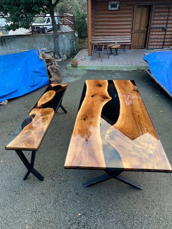 Walnut Dining Table, Custom 103” x 44” Unique Walnut Table, Black Epoxy River Table, River Shiny Dining Table, Custom Order for Sue Online now