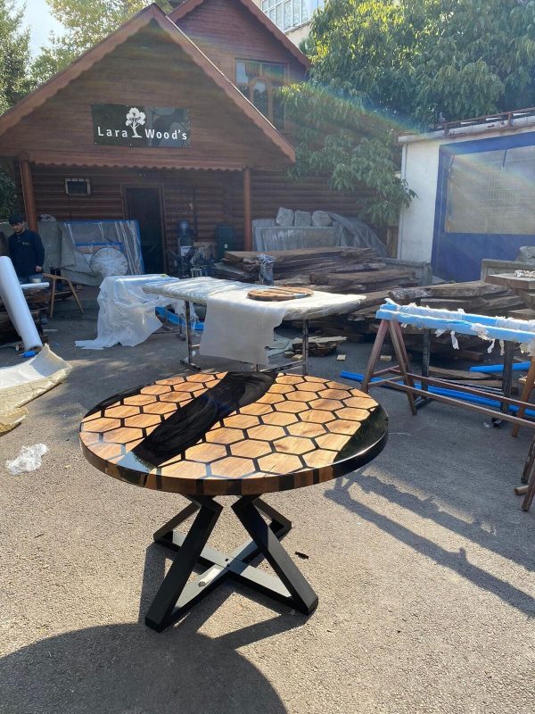 Custom 48” Diameter Round Table, Walnut Black Epoxy Table, Hexagon Honeycomb Table for Jodi 2 Online Sale