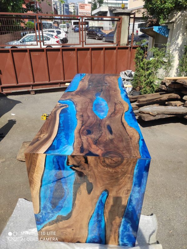 Custom 115” x 36” x 42” Walnut Ocean Blue, Turquoise White Waves Epoxy Table, Epoxy River Dining Waterfall Shape Table Order for Douglas on Sale