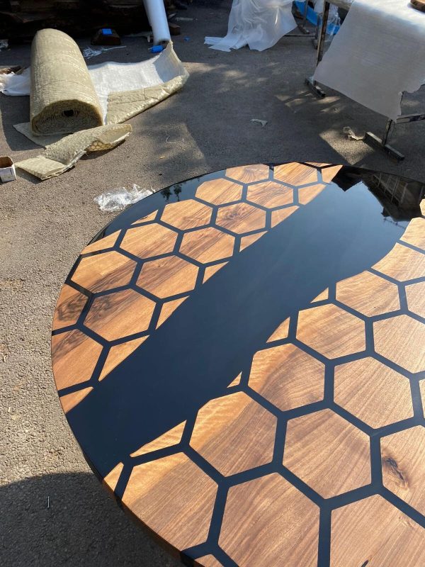 Custom 48” Diameter Round Table, Walnut Black Epoxy Table, Hexagon Honeycomb Table for Jodi 2 Online Sale