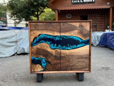 Custom 38” x 14” x 38” Epoxy Wood Credenza , Walnut Blue Epoxy Resin Cabinet, Blue River Credenza for Yohana Hot on Sale