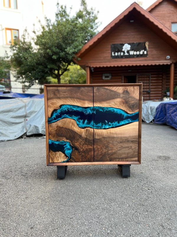 Custom 38” x 14” x 38” Epoxy Wood Credenza , Walnut Blue Epoxy Resin Cabinet, Blue River Credenza for Yohana Hot on Sale