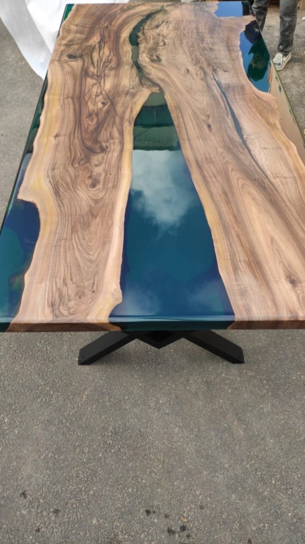 Walnut Dining Table, Custom 84” x 42” Walnut Transparent Turquoise Green Table, Epoxy Dining Table, Live Edge Table, Custom  for Stephanie Sale