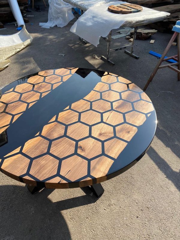 Custom 48” Diameter Round Table, Walnut Black Epoxy Table, Hexagon Honeycomb Table for Jodi 2 Online Sale