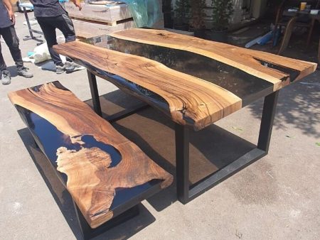 Custom 72” x 40  Walnut Black Epoxy River Table and Bench Order for Lisa T on Sale