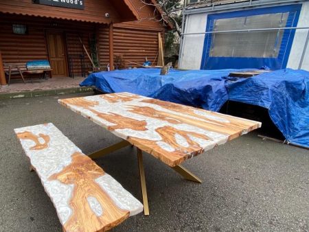 Custom 78” x 44  Olive Wood Epoxy Table, Olive Wood Table, Pearl Epoxy Resin Dining Table, Live Edge White Table, Made to Order for Ans 1 For Discount