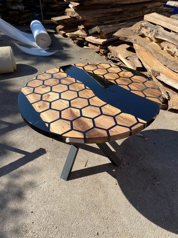 Custom 48” Diameter Round Table, Walnut Black Epoxy Table, Hexagon Honeycomb Table for Jodi Supply