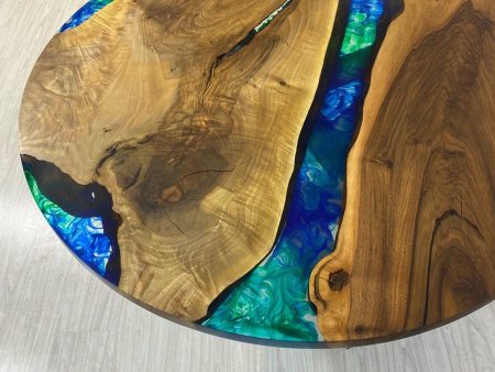 Epoxy Coffee Table, Round Dining Table, Custom 60” Diameter Round Walnut Blue, Turquoise, Green Table, Epoxy Dining Table, for Heather For Sale