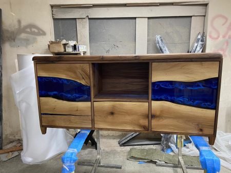 Custom 65” x 16” x 32” Epoxy Console, Walnut Blue Epoxy Resin Cabinet, Blue River Credenza, Walnut Shelf for Home for Leshea Fashion