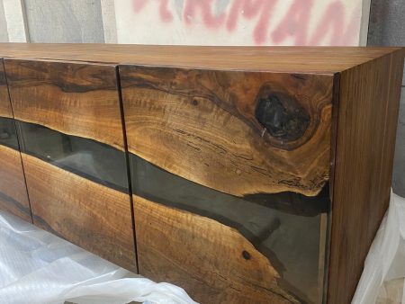 Clear Epoxy Resin Table, Custom 86”L x 20”D x 28”-36”H Walnut Credenza, Wood Smokey Gray Epoxy Resin Credenza, Walnut Epoxy Credenza on Sale