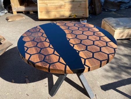 Custom 48” Diameter Round Table, Walnut Black Epoxy Table, Hexagon Honeycomb Table for Jodi Supply