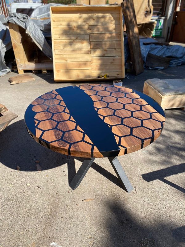 Custom 48” Diameter Round Table, Walnut Black Epoxy Table, Hexagon Honeycomb Table for Jodi Supply