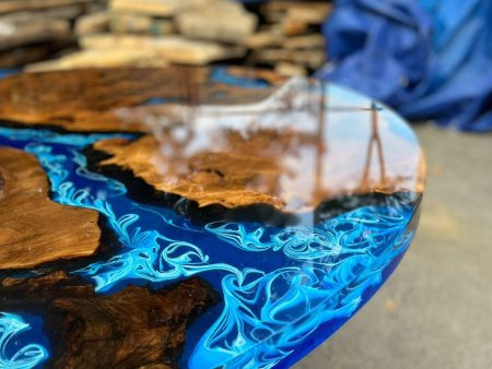 Custom 60” Diameter Round Table, Walnut Wood Ocean Shiny Blue with Waves Table, Epoxy Dining Table, Wooden Table, for Danielle J Online Hot Sale