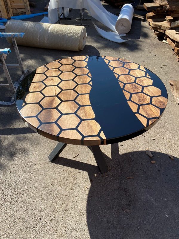 Custom 48” Diameter Round Table, Walnut Black Epoxy Table, Hexagon Honeycomb Table for Jodi Supply