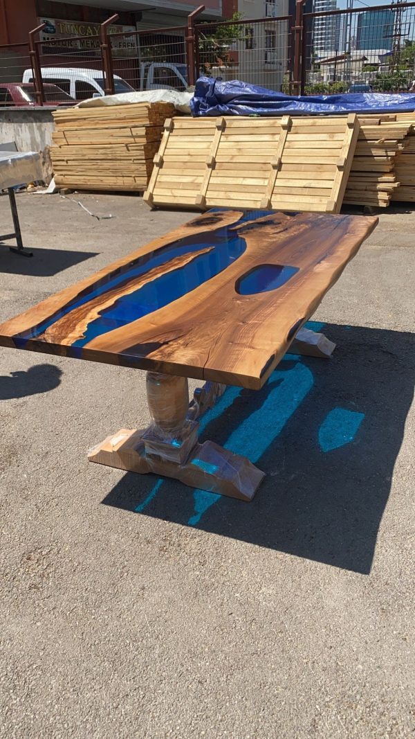 Handmade Epoxy Table, Epoxy Table, Epoxy Dining Table, Custom 84” x 42” Walnut Transparent Sky Blue Dining Table, Custom Order for Brian P Online Hot Sale