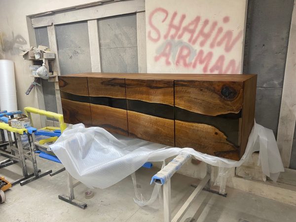 Clear Epoxy Resin Table, Custom 86”L x 20”D x 28”-36”H Walnut Credenza, Wood Smokey Gray Epoxy Resin Credenza, Walnut Epoxy Credenza on Sale