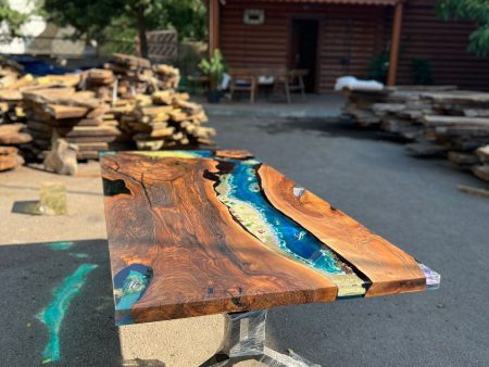 Custom 79” x 38” Walnut Dark Blue, Turquoise and White Swirls Ocean Aquarium Epoxy Dining Table Fashion